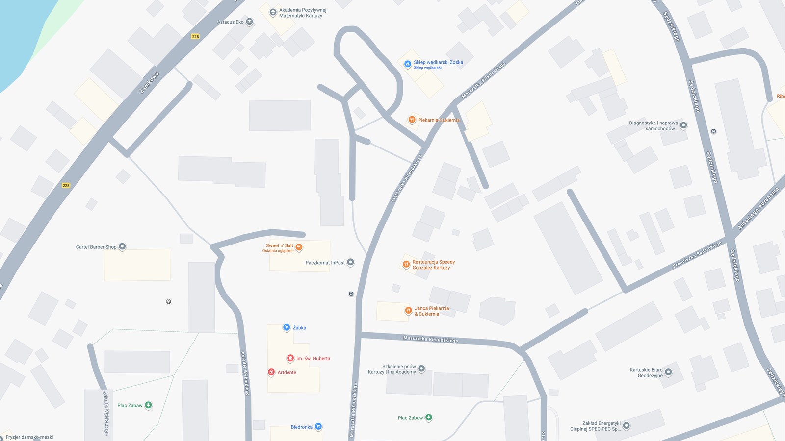 Mapa lokalizacji Sweet n' Salt — os. Wybickiego 3, Kartuzy. Food truck znajduje się obok Paczkomatu InPost, naprzeciw Restauracji Speedy Gonzalez, niedaleko Biedronki.